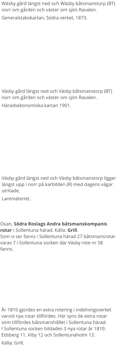 Väsby gård längst ned och Väsby båtsmanstorp (BT) norr om gården och väster om sjön Ravalen. Häradsekonomiska kartan 1901.  Wäsby gård längst ned och Wäsby båtsmanstorp (BT) norr om gården och väster om sjön Ravalen. Generalstabskartan, Södra verket, 1873.  Väsby gård längst ned och Väsby båtsmanstorp ligger längst upp i norr på karbilden (R) med dagens vägar utritade. Lantmäteriet. Ovan, Södra Roslags Andra båtsmanskompanis rotar i Sollentuna härad. Källa: Grill.Som vi ser fanns i Sollentuna härad 27 båtsmansrotar varav 7 i Sollentuna socken där Väsby rote nr 58 fanns.  År 1810 gjordes en extra rotering i indelningsverket varvid nya rotar tillfördes. Här syns de extra rotar som tillfördes båtsmanshållet i Sollentuna härad. I Sollentuna socken bildades 3 nya rotar år 1810: Edsberg 11, Viby 12 och Sollentunaholm 13. Källa: Grill.