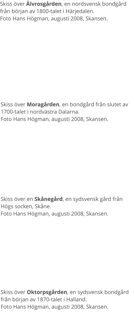 Skiss över Älvrosgården, en nordsvensk bondgård från början av 1800-talet i Härjedalen.Foto Hans Högman, augusti 2008, Skansen. Skiss över Moragården, en bondgård från slutet av 1700-talet i nordvästra Dalarna.Foto Hans Högman, augusti 2008, Skansen. Skiss över en Skånegård, en sydsvensk gård från Högs socken, Skåne.Foto Hans Högman, augusti 2008, Skansen. Skiss över Oktorpsgården, en sydsvensk bondgård från början av 1870-talet i Halland.Foto Hans Högman, augusti 2008, Skansen.