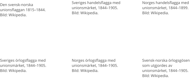 Den svensk-norska unionsflaggan 1815–1844.  Bild: Wikipedia. Sveriges handelsflagga med unionsmärket, 1844–1905. Bild: Wikipedia.  Sveriges örlogsflagga med unionsmärket, 1844–1905. Bild: Wikipedia.  Norges örlogsflagga med unionsmärket, 1844–1905. Bild: Wikipedia.  Svensk-norska örlogsgösen som utgjordes av  unionsmärket, 1844–1905. Bild: Wikipedia.  Norges handelsflagga med unionsmärket, 1844–1899. Bild: Wikipedia.