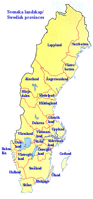 Svenska landskap, karta - Swedish provinces, map -English (UTF-8)
