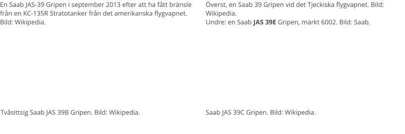 Överst, en Saab 39 Gripen vid det Tjeckiska flygvapnet. Bild: Wikipedia. Undre: en Saab JAS 39E Gripen, märkt 6002. Bild: Saab. En Saab JAS-39 Gripen i september 2013 efter att ha fått bränsle från en KC-135R Stratotanker från det amerikanska flygvapnet. Bild: Wikipedia. Tvåsittsig Saab JAS 39B Gripen. Bild: Wikipedia. Saab JAS 39C Gripen. Bild: Wikipedia.