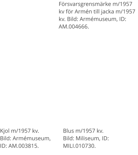 Kjol m/1957 kv. Bild: Armémuseum, ID: AM.003815. Blus m/1957 kv. Bild: Miliseum, ID: MILI.010730. Försvarsgrensmärke m/1957 kv för Armén till jacka m/1957 kv. Bild: Armémuseum, ID: AM.004666.